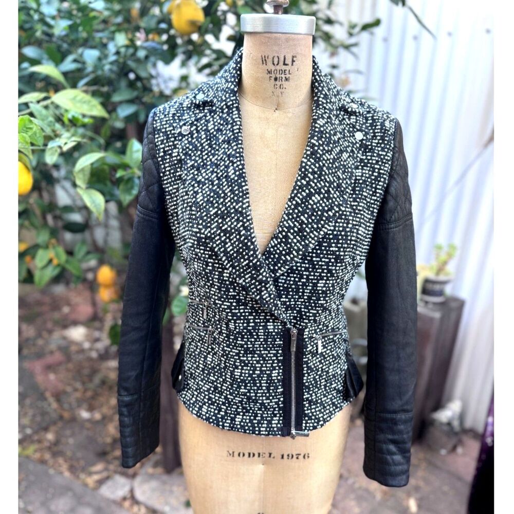 KAREN MILLEN Black Blue Whit Tweed Body Black LS Moto Biker Jacket SZ UK 10 US 6